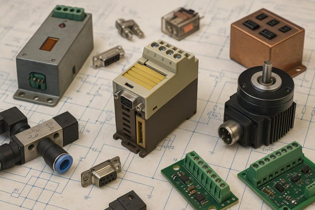 Obsolete automation system components and rare spare parts arranged on a technical workspace
