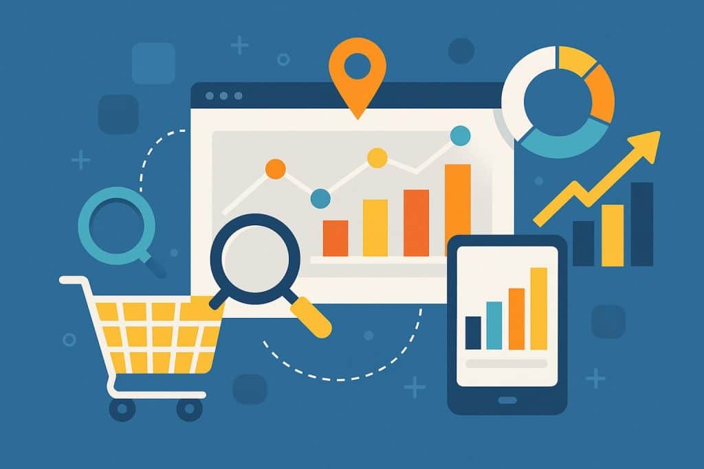Digital marketplace concept with data analytics, UK business growth, and online visibility