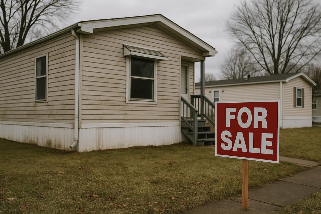 Mobile home with "For Sale" sign highlighting quick sale without repairs.