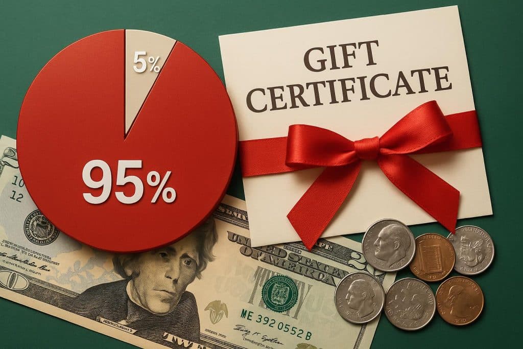 Gift certificate with 95% payout rate highlighted, representing cash redemption value