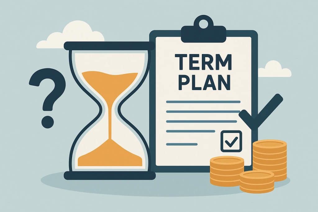 Clock and calendar with insurance policy document illustrating decision on term plan tenure.