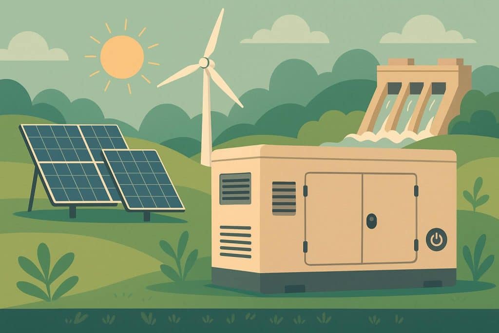 Solar panels and modern efficient generator in green landscape promoting sustainable energy options