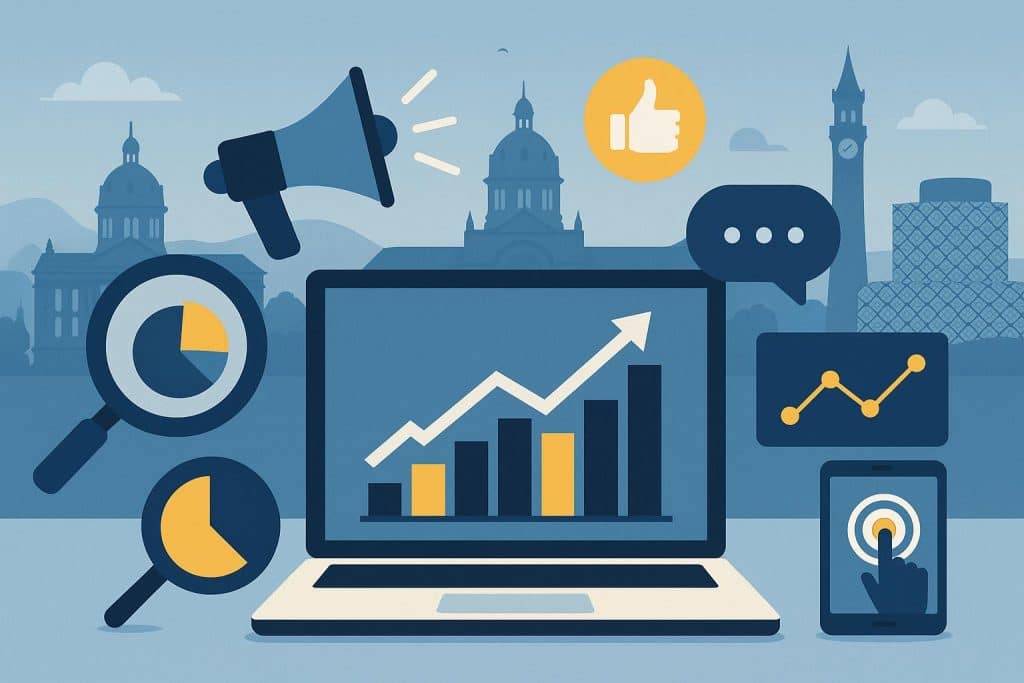 Modern office workspace with digital marketing strategy charts, Birmingham city skyline visible