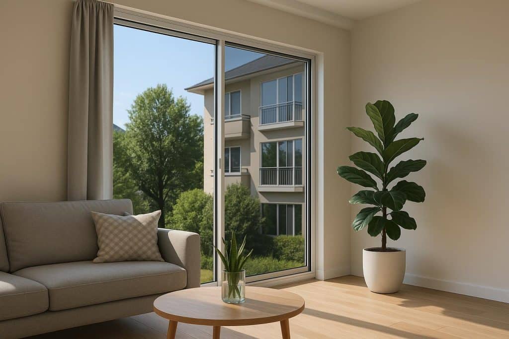 Mirrored window film applied to glass, enhancing privacy and reducing glare in a modern interior