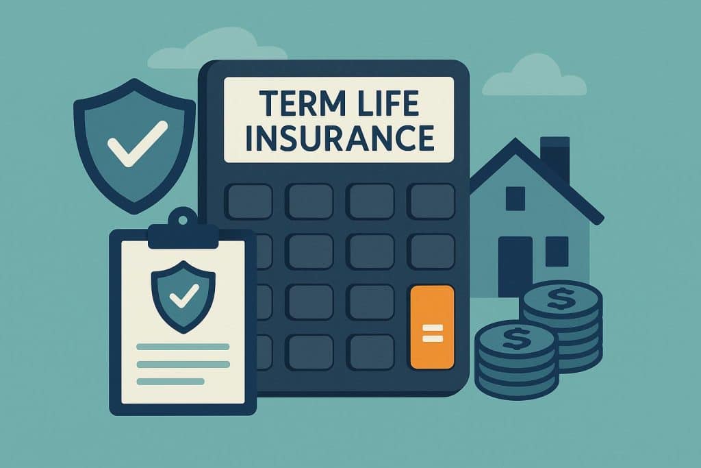 Term life insurance calculator concept with policy documents, calculator, and financial charts
