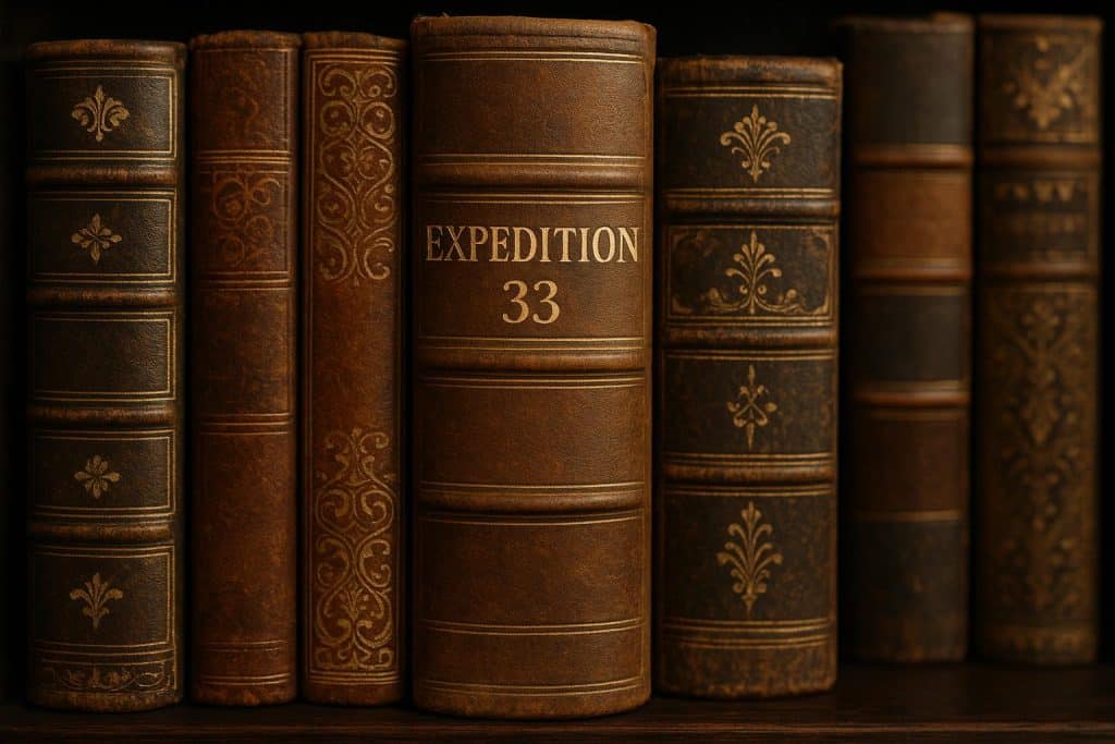Stack of vintage history books with Expedition 33 title highlighted for historical accuracy theme