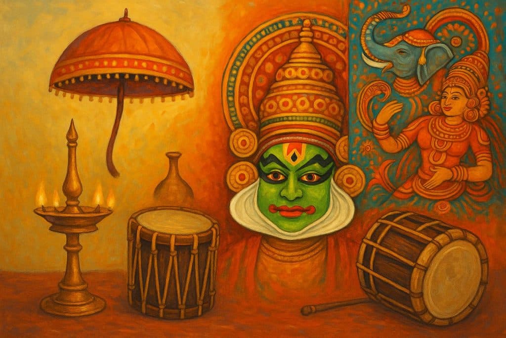 Traditional Kathakali performance on stage showcasing Kerala’s vibrant art and cultural heritage