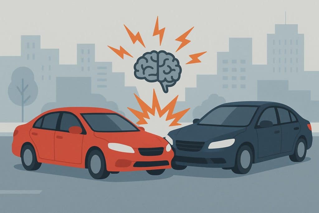 Damaged car after minor collision highlighting risk of undiagnosed concussions in accidents