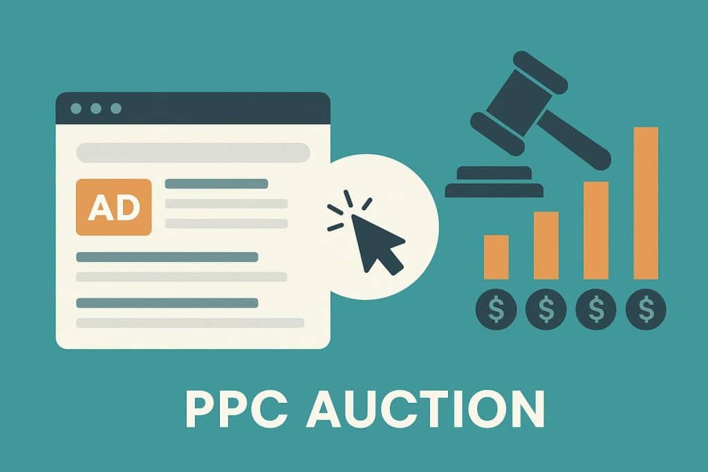 Pay-Per-Click auction dashboard displaying ad rankings and bidding strategies for digital marketing