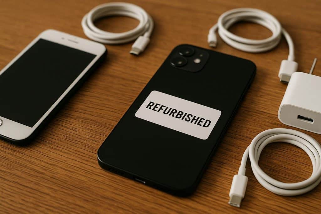 Close-up of a refurbished smartphone being unboxed on a desk with eco-friendly packaging