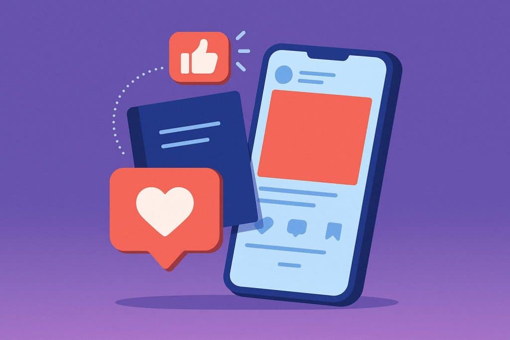 Instagram app with auto-like icons and digital strategy graphics illustrating social media tactics