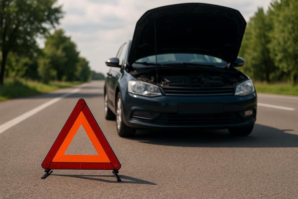 Stranded car with hazard lights on parked on roadside, signaling for roadside assistance