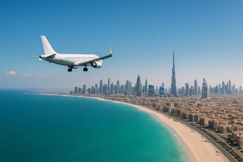 Airplane flying over Dubai skyline, highlighting affordable weekend escapes from Jeddah to Dubai