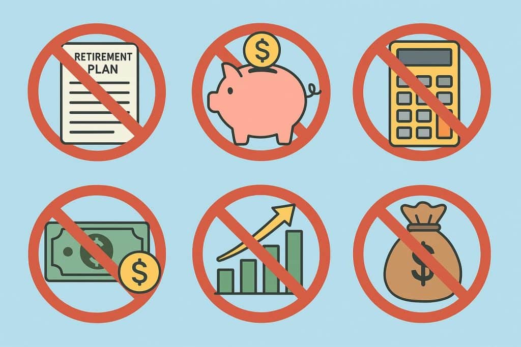Stacks of coins, calculator, and retirement plan documents symbolize common retirement planning mistakes