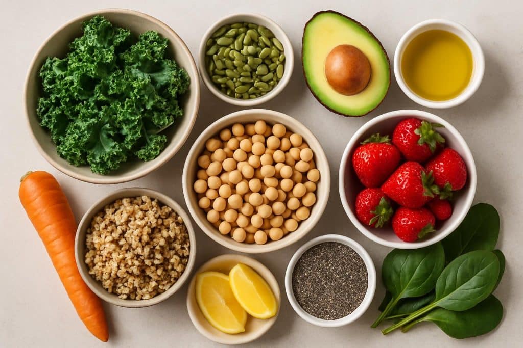 Fresh vegetables, whole grains, and lean protein arranged on a kitchen countertop for healthy meals