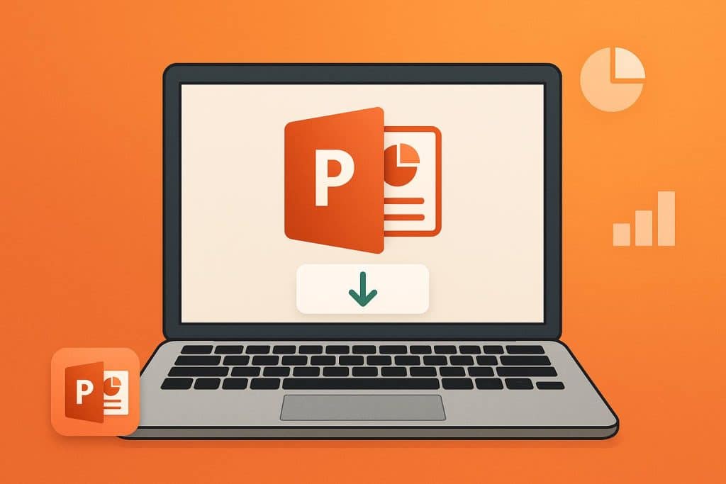 Microsoft PowerPoint logo with download arrow emphasizing free PowerPoint download instructions