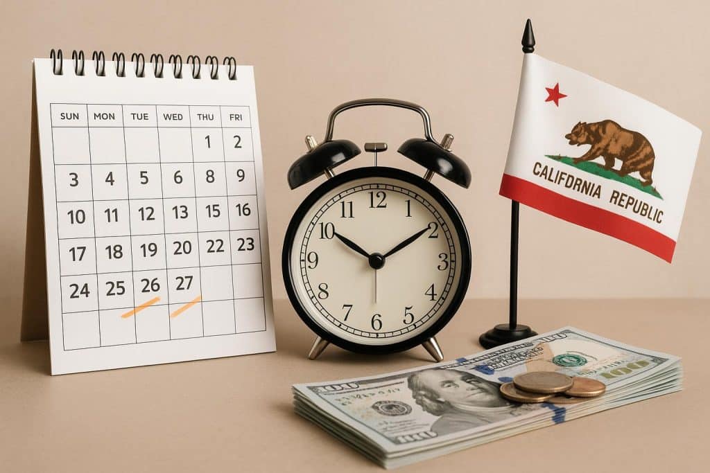 Payday calendar highlighting typical employee pay schedule under California Labor Code 204