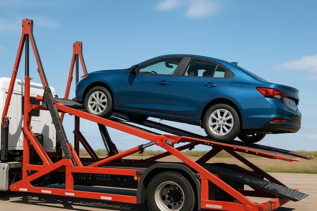 Car being loaded onto a transport truck representing vehicle shipping services and costs