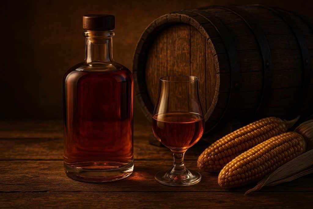 Aged bourbon barrels stacked in a rustic distillery, highlighting craft and tradition