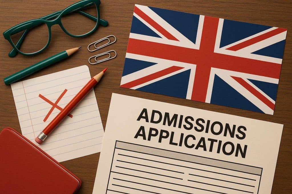 University application documents, rejection letter, and UK university campus in the background