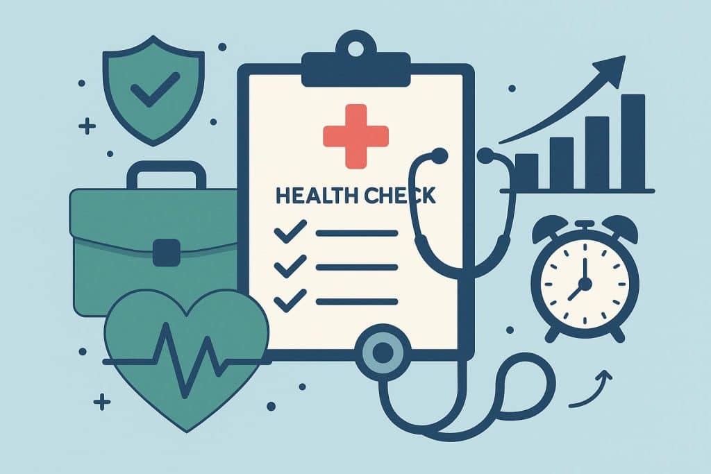 Doctor conducting workplace health check to promote employee wellbeing and productivity