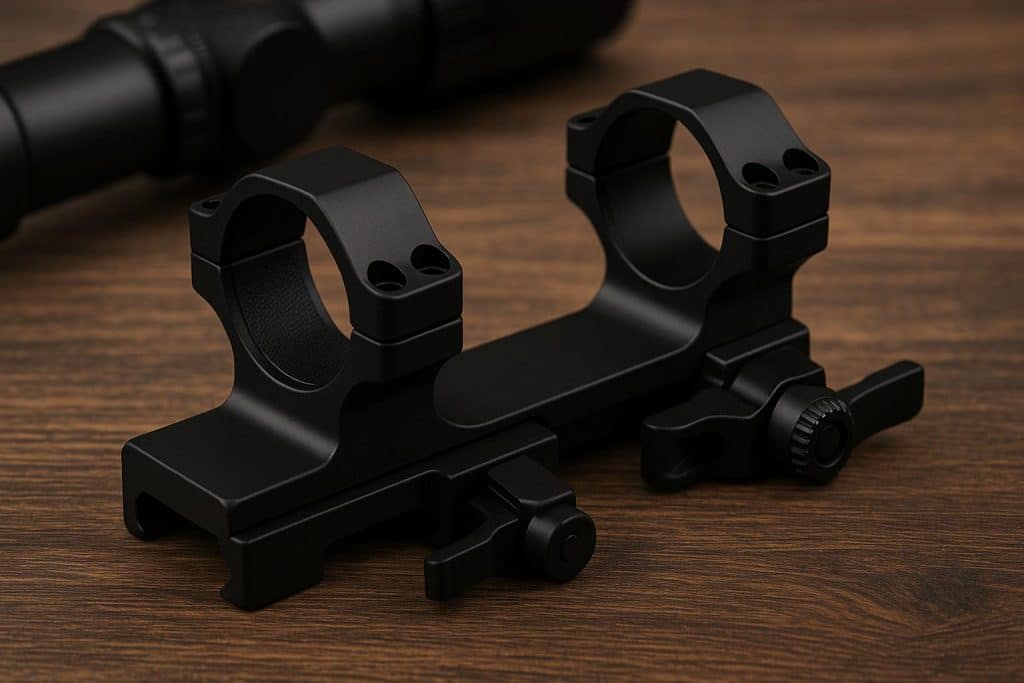 Close-up of a quick-detach scope mount attached to a precision rifle for enhanced shooting accuracy