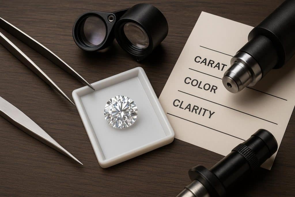 Expert examining diamonds under magnification to assess quality and authenticity in a jewelry store