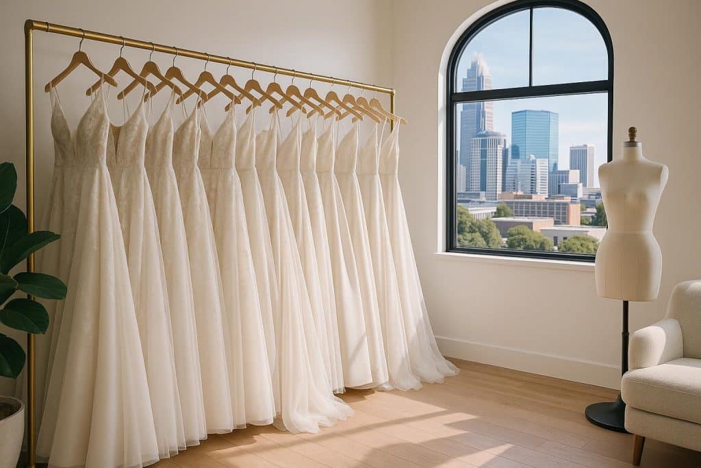 Elegant wedding dresses displayed at J. Major's, leading bridal shop in Charlotte, NC
