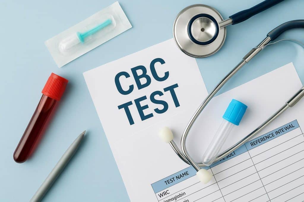 Blood sample tube and laboratory report illustrating simplified CBC test explanation and timing.