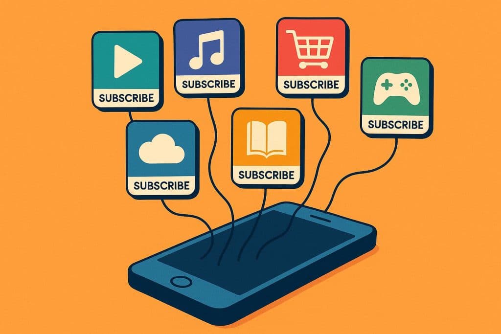Colorful array of digital subscription service logos representing the rise of the subscription economy