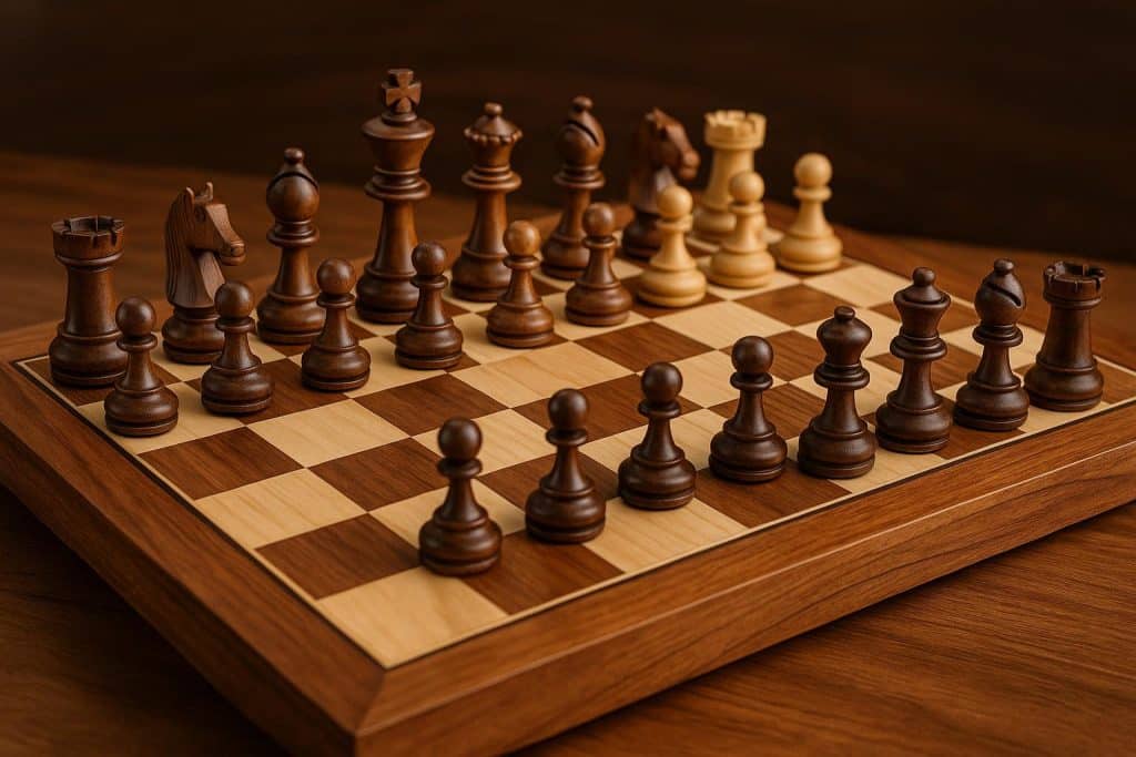Handcrafted wooden chess set on classic board showcasing detailed, elegant craftsmanship