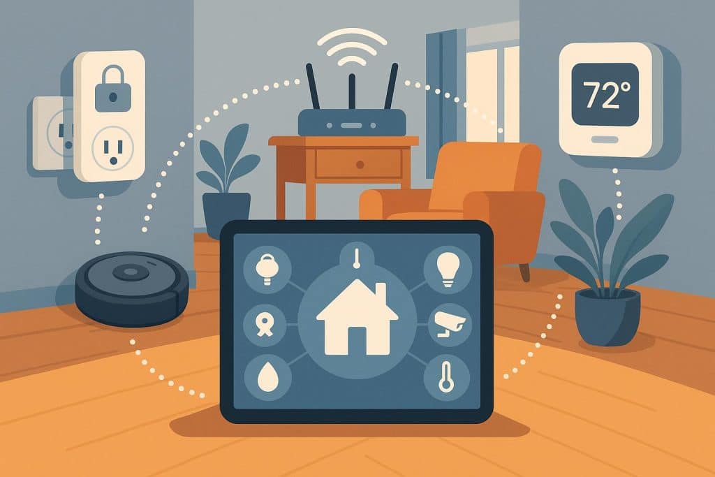 Smart home devices automating household maintenance in a modern, connected home setting