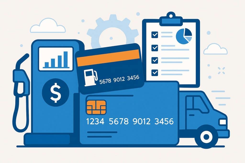 Fuel card management dashboard displaying fleet vehicles, transaction data, and analytics charts