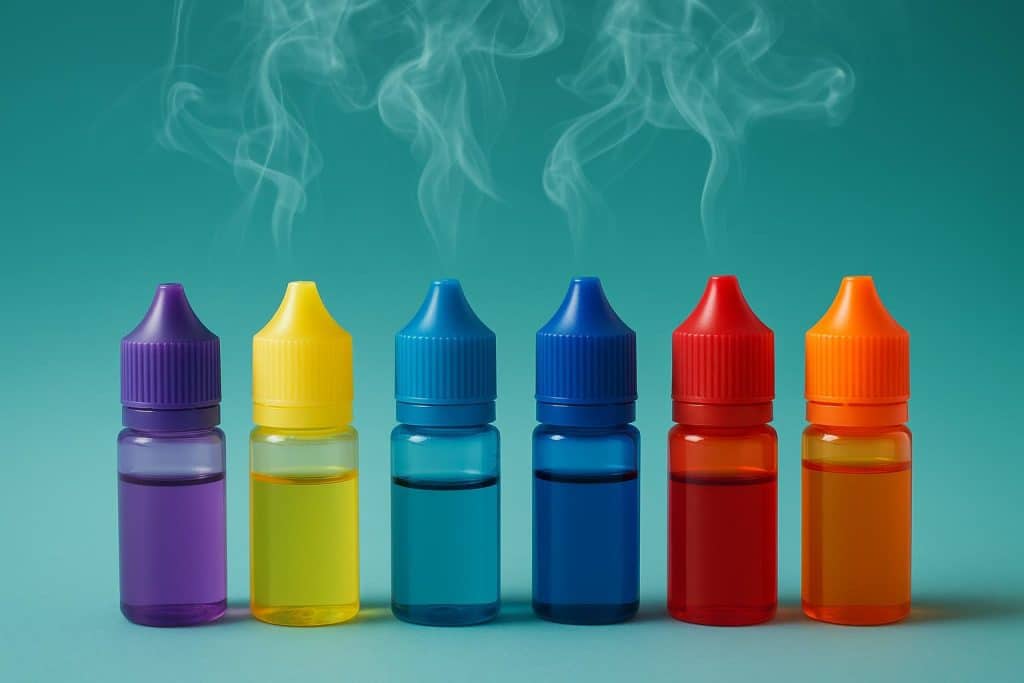 Assorted nic salt e-liquid bottles featuring top UK vape flavours and popular brand labels