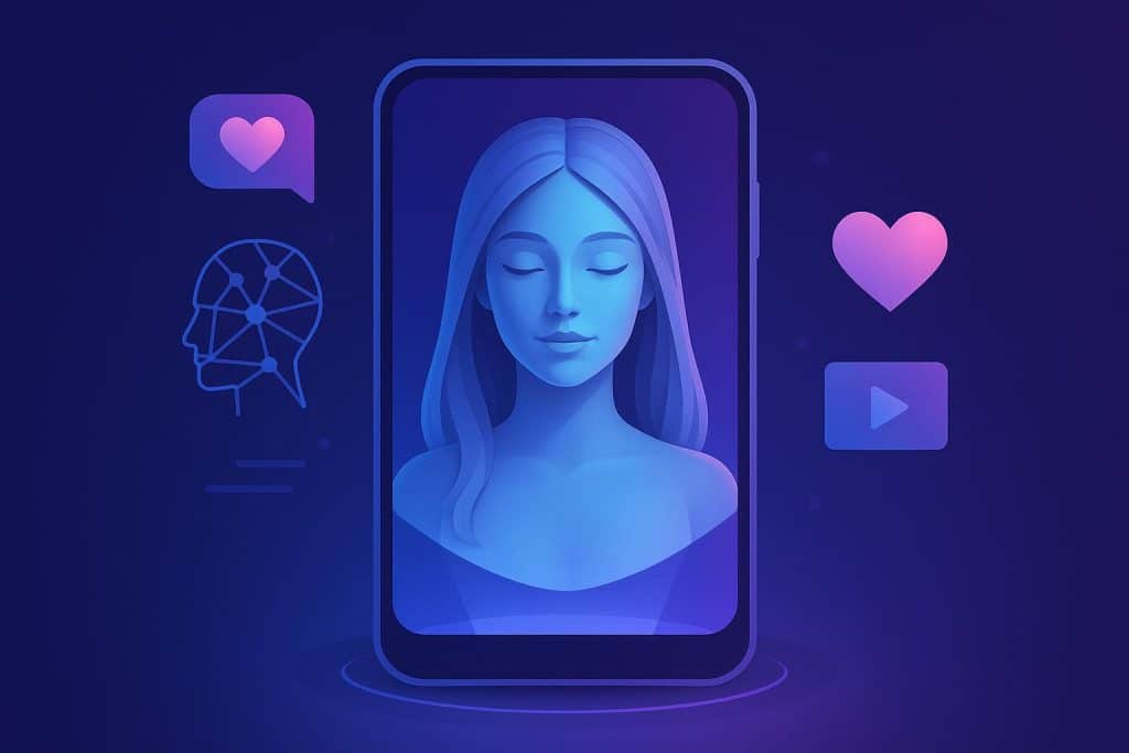 AI girlfriend technology illustration showing digital companion on smartphone with emotive interface