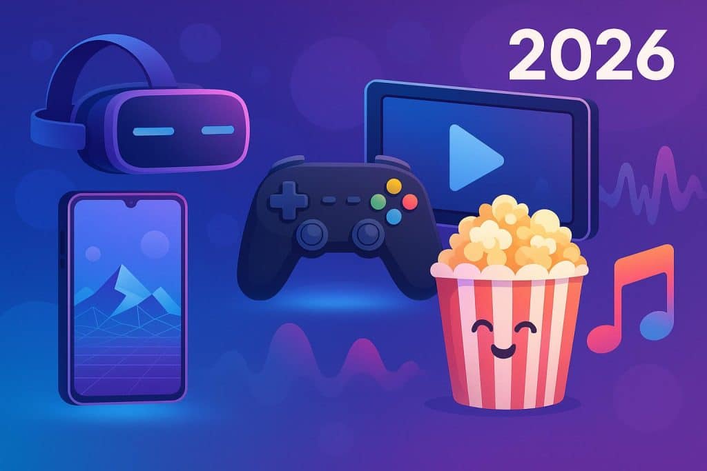 Streaming platforms, virtual reality, and gaming graphics representing digital entertainment trends