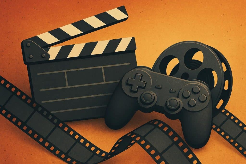 Collage of popular video game characters and movie scenes from game-based films