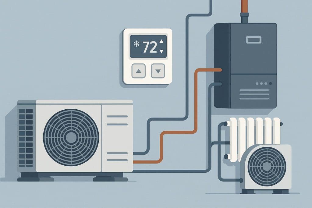 Modern HVAC technician servicing AC unit and heat pump for reliable repair and maintenance