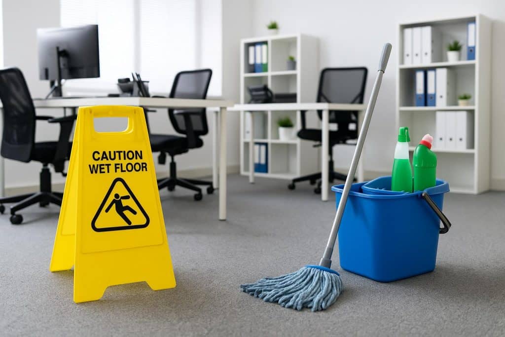 Messy office desk with cleaning supplies highlighting common business cleaning mistakes