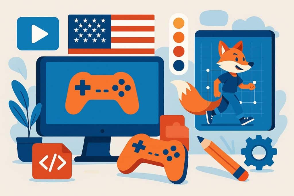 Colorful 2D game characters and backgrounds representing leading US animation studios