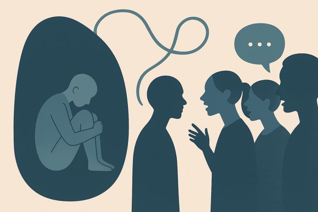 Illustration depicting social anxiety causes, symptoms, and treatment options for mental health