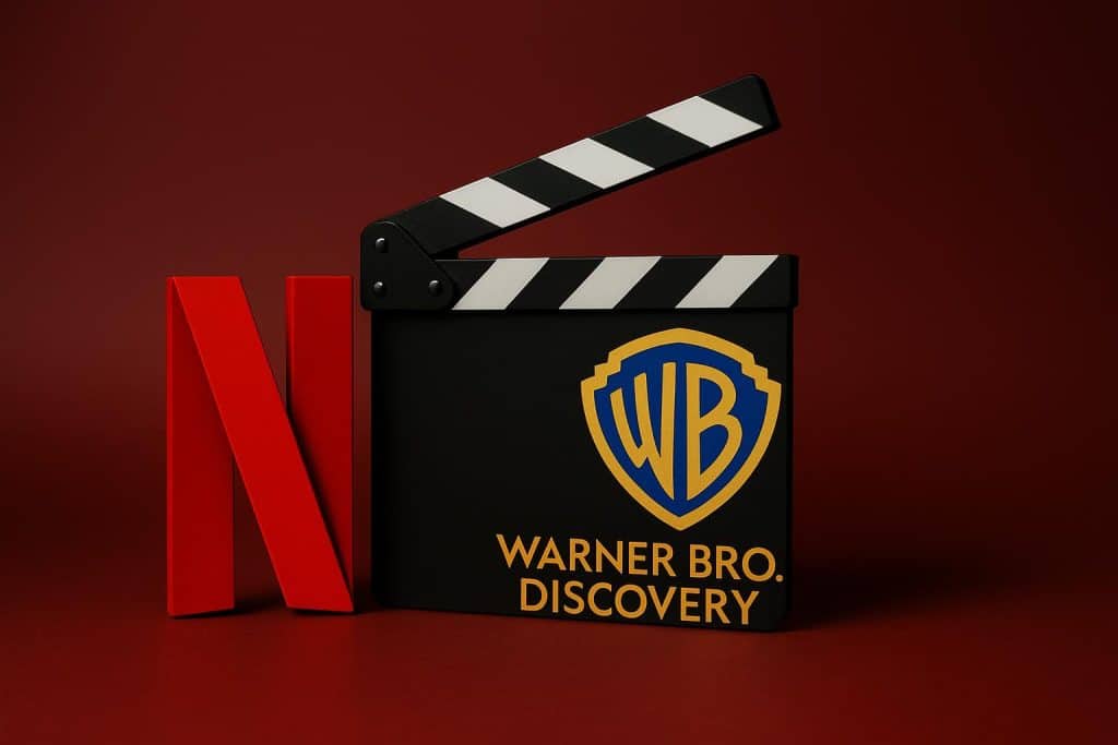 Netflix logo alongside Warner Bros. Discovery logo, representing potential acquisition deal