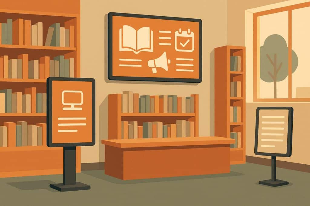 Digital signage displaying library information and event updates in a modern library setting