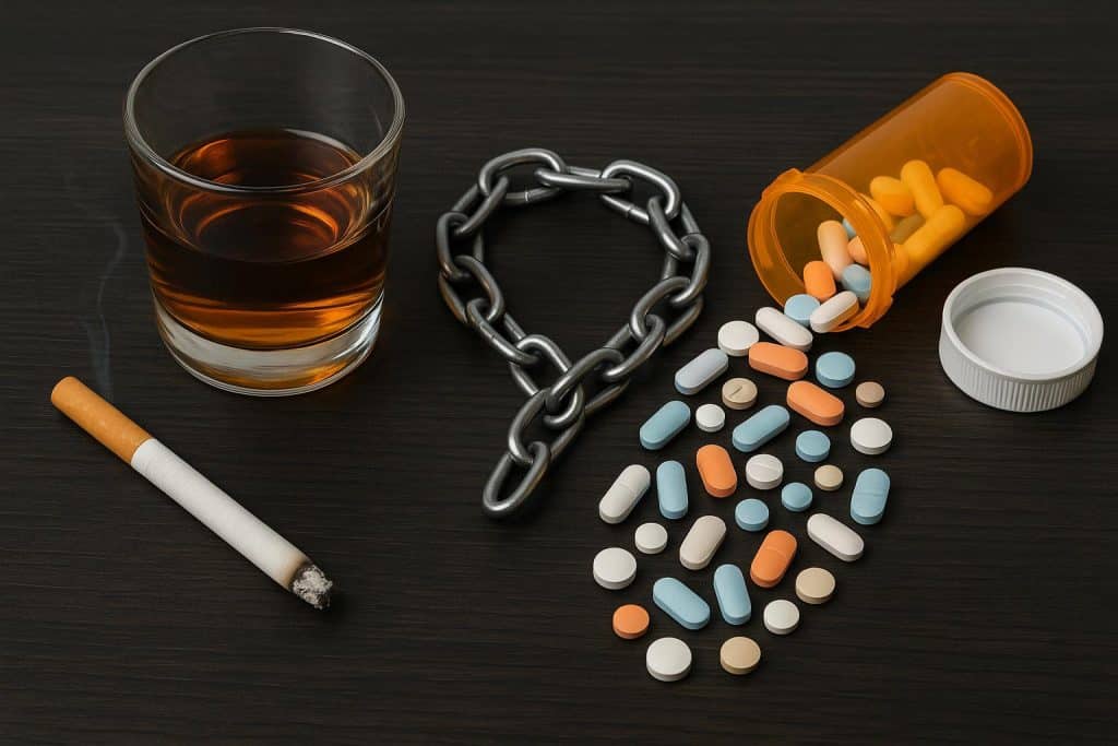 Prescription drug bottles spilling pills, highlighting risks of addiction and substance abuse