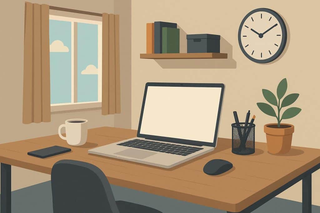 Home office workspace with laptop, notebook, and coffee cup for remote work productivity