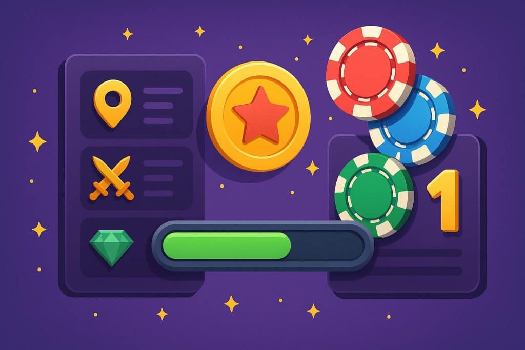 Colorful online casino interface with missions, level progress bars, and gaming achievements