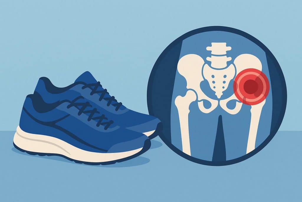 Runner stretching hips on outdoor trail to prevent hip pain before running workout