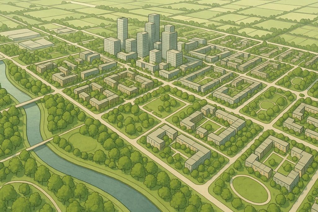 Urban landscape with modern architecture, green spaces, and sustainable masterplanning concepts