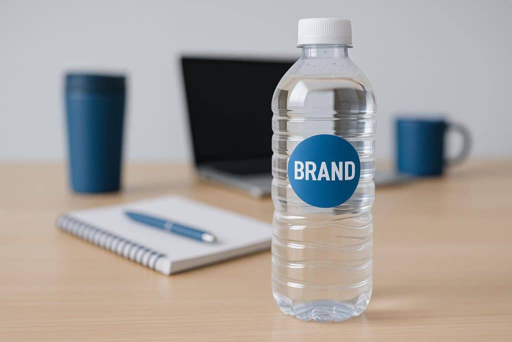 Custom-branded water bottles displayed on a table, showcasing promotional product marketing