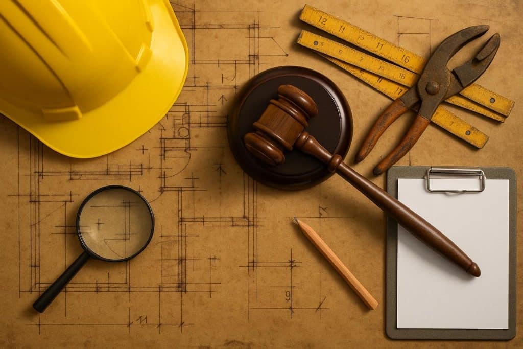 Construction blueprint analysis highlighting project failures for expert witness testimony in court